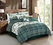 Chezmoi Collection Basin 7-Piece Northwest Cabin Lodge Comforter Set - Blue Green Ivory Tan Grizzly Bear Pine Tree Wilderness Printed Microfiber Bedding, Queen
