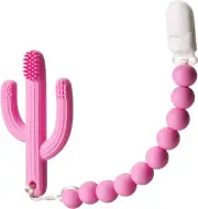 Baby Cactus Teether Toy- Infant Training Toothbrush, with Soother Holder (Pink)