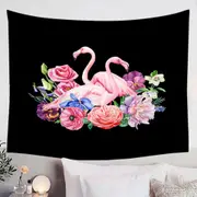 Flamingos and Flowers over Black Tapestry