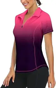 LURANEE Women's Short Sleeve Moisture Wicking Athletic Shirts Quarter Zip Pullover, Ombre Purple, Medium