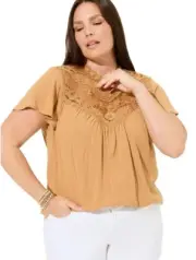 Torrid Women Plus 2X Crochet Yoke Short Flutter Sleeve Gauze Blouse Top New Boho