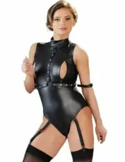 Body Garter Belt Fetish Black Effect Leather Ties Openings IN Breasts Crotch