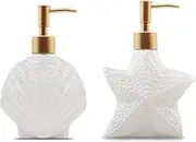Beach Soap Dispenser Set, White Ceramic Lotion Bottle with Golden Matte Pump, Ocean Themed Décor for Kitchen Sink or Bathroom, Gift to Ocean Theme Lovers