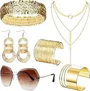 Kakonia 7 Pieces 70s Disco Accessories Costume Jewelry Set For Women Gold Rimless Diamond Cutting Sunglasses Layered Choker Necklace Disco Earrings Cuff Bangle Bracelet Sequin Headband