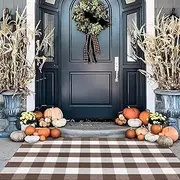 KIMODE Fall Decor Buffalo Plaid Outdoor Rug 3'x5' Brown and White Checkered Rug Farmhouse Cotton Fall Front Outdoor Autumn Door Mat Washable Indoor Outdoor Area Rug Carpet for Front Porch