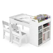 Babyjoy Kids Art Table & 2 Chairs Set Craft Station w/Paper Roll Flip-up Drawing Study Desk Grey