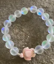 Iridescent Moonstone Bracelet 10mm Rainbow Glass Pink Ceramic Turtle Silver Bead