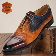 Men's Dress Shoes Crocodile Pattern Walking Leather Italian Full-Grain Cowhide Slip Resistant Lace-up Yellow-Brown