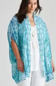 Autograph Kimono Plus Size L XL 24 26 3/4 Sleeve Beaded Cover-Up Blue Green NEW