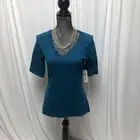 Zena Top Womens Size Medium Blue Teal Lace V Neck Short Sleeve Cotton Shirt NEW