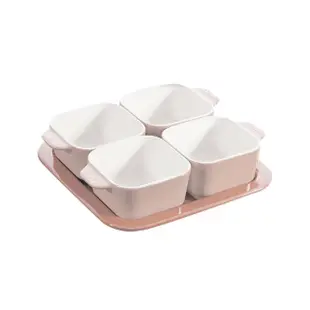 【法國Staub】方形陶缽烤盤4+1件組(蝦粉色)