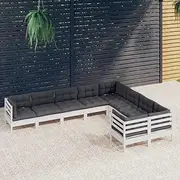 9 Piece Garden Lounge Set with Cushions White Pinewood, Garden Furniture Sets