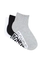 [Bonds] Bonds Kids Cotton Cushioned Quarter Crew Socks 3 Pack in Grey/Black/White Size: 10+ Years, Aussie Cotton 10+ Years Grey/Black/White