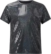 [Linjinx] Kids Girls Shiny Metallic Short Sleeve Jazz Hip Hop Dance Tops Tshirt Blouse Performance Party Costume