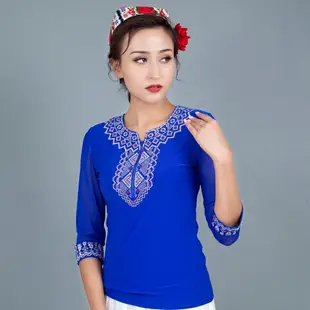 2021年t恤女新疆舞蹈服裝民族風刺繡舒適中國風中袖修身圓領上衣