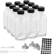 Glass Bottle, 12Pcs Small Glass Bottles with Caps Lids Set, 60ml Boston Round Glass Bottles Clear, Refillable Plastic Bottles for Ginger Shots, Juice, Potion, Liquids, Whiskey Mini Travel Funnels