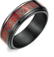[Adreamz] 8mm Black Stainless Steel Anxiety Ring for Women Men Fidget Spinner Ring Beveled Edge Red Celtic Dragon Inlay Comfort Fit Wedding Band