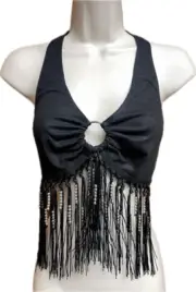 Women Going Out Rave O Ring Fringe Crop Tops black Tank Halter NEW MEDIUM