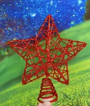 Mini Red glittered STAR Christmas Tree Topper New 5"