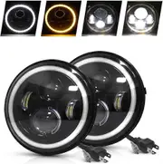 7 Inch Approved Round Led Headlights, 2 Pieces Halo Projector Headlight Angel Eye Ring Drl And Amber Light Replacement Motorcycle Jeep Land Rover Defe