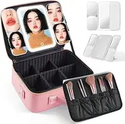Makeup Bag with LED 1X5X10X20X30X Magnifying Mirror and Travel Makeup Train Case Cosmetic Organiser with LED Mirror and Separate Makeup Brush Panel, Portable Adjustable Divider Storage Bag, Pink, PINK