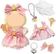 6 Pcs Doll Clothes Compatible with Labubu 17cm Dolls, Pink Cherry Doll Dress Accessories Sets Include 1 Blouse 1 Strap skirt 1 Bow Hair 1 Magic Wand 1 Necklace 1 Pendant Girl for Best Gifts, No Doll