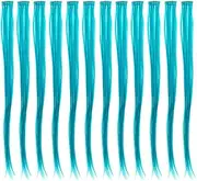 (Teal Blue) - SWACC 12 Pcs Straight One Colour Party Highlights Clip on in Hair Extensions Coloured Hair Streak Synthetic Hairpieces (Teal Blue)