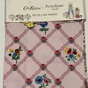 Cath Kidston Peter Rabbit Tea Towel Set Jemima Duck Flopsy Mopsy Pink Flower New