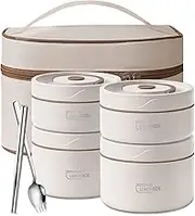 Thermal Bento Lunch Box Set, Portable Insulated Food Container Set with Bag, Separate Stackable Leakproof 304 Stainless Steel Lunch Container for Adult Kids Men Women (Beige-4 Pack)