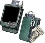[BeYourSanta] Galaxy Z Flip 5 Case Mars Yard with Card Holder, Camera Cover, and Hinge Protection - Genuine Leather | Ring Holder (Axiom Green, Card Holder : 3 Slots)