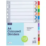 J.Burrows A4 Tab Dividers Paper Coloured 1-12 Tabs