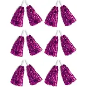Pink Cheerleading Pom Poms, Metallic Foil Fringe (6 Pairs)