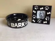 Brand New Papyrus Ceramic Black And White Dog Bowl With Charm And Frame Gift Set