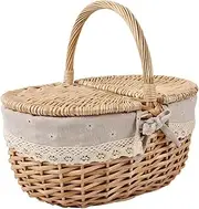 Picnic Basket, Wicker Basket with Foldable Handle Lid and Removable Liner, Rustic Woven Wicker Basket for Outdoors, Beach Parties, Gift, Halloween, Christmas, Valentines, Easter, Birthday (White)