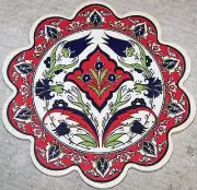 Red, Navy & Green 7" Turkish Iznik Floral Pattern Ceramic Hot Plate Trivet Tile