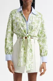 Cinq à Sept Ivy Floral Print Tie Front Shirt in Ivory Multi/Blue Hydrangea at Nordstrom, Size Large