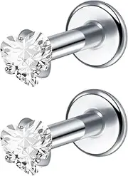 [ChiMunllin] 2Pcs 18G 16G G23 Titanium Internally Threaded Nose Stud Earrings Flat Back Heart CZ Nose Helix Cartilage Tragus Conch Labret Medusa Monroe Piercing Jewelry for Women Men