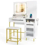 Costway Dressing Table Makeup Vanity Table & Stool Set w/Mirror & 3-Color LED Lights White