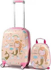 [Costway] 2PCS Kids Luggage Set Carry On with Spinner Wheels & Cute Mermaid Pattern, Adjustable Trolley Rod Height & Backpack Shoulder Strap, Kids Luggage Set Made of ABS, Polycarbonate & Nylon Material (Pink)