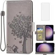 [Asuwish] Compatible with Samsung Galaxy S23 5G Wallet Case and Tempered Glass Screen Protector Flip Wrist Strap Card Holder Stand Cell Phone Cover for S 23 23S GS23 G5 SM-S911U 6.1 inch Women Men Gray