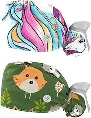 [YTYVAGT] 2-Pc,Nurse Scrub Caps,Scrub Hats with Buttons and Cotton Sweatband,Colorful Unicorn Animal Art Pattern