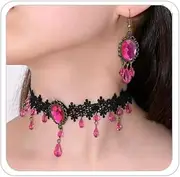 [LKingel] Vampire Lace Necklace Earrings for Women Lace Blood Teardrop Choker Necklace Earrings Set Gothic Costume Accessories Halloween Prom Jewelry, Choker Length, Lace Metal, No Gemstone