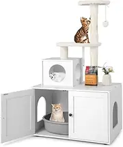 Costway Cat Tree with Litter Box Enclosure, 2-in-1 Modern Cat Tower with Cat Condo, Plush Perch, Sisal Scratching Posts, Dangling Ball, Hidden Cat Washroom Furniture with Divider for Indoor Cats