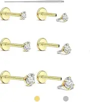 [QIUPINGLI] Flat Back Earrings Studs - 14K Gold Filled Internal Thread 18G Piercing Jewelry for Cartilage Helix Tragus Hypoallergenic Labret Lip Conch Nose 316L Stainless Steel Stud for Women Men