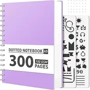 AHGXG Bullet Dotted Journal Spiral Notebook, 300 Pages Dotted Notebook Thick Journal, A5 Dot Grid Notebook, 100GSM Thick Paper, Plastic Hardcover, with Journal Stencils, 5.7" x 8.3", Purple