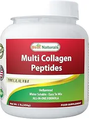 [Best Naturals] Multiple Collagen Powder Peptides Protein Type I, II III, V & X Collagen unflavored 1 Pound - Grass Fed & Pasture Raised - Water Soluble - Easy to Mix