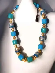 Vintage Turquoise Blue Lucite And Gold Bead Single Strand Chunky Bead Necklace