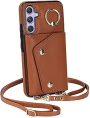 for Samsung S21 FE 4G 5G Crossbody Ring Leather Zip Wallet Phone Case Lanyard Flip Cover Bag(for Samsung S21 FE 4G 5G/Brown)