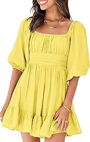 [Generic] Women's Square Neck Lantern Sleeve Dress Ruffle A-Line Tie Back Mini Dress Ruched Empire Waist Solid Dresses