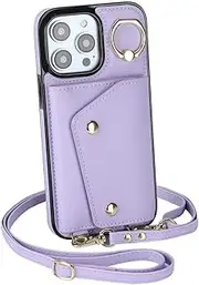 Zipper Crossbody Cards Solt Wallet Leather Case for iPhone 14 15 Pro Max 13 12 11 XR XS 7 8 Plus Ring Holder Strap Purse Cover,Purple,for iPhone 15